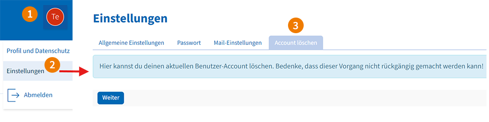 Screenshot der Funktion "Account löschen"