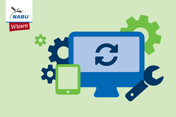 NABU-Logo, ein Bildschirm und Werkzeuge